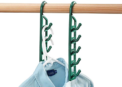 Space Saving Closet Hanger Holders - Set of 4 Durable Green Plastic | Organizers with 5 Vertical Hooks Each - Maximize Wardrobe Space for Clothes, Belts, Scarves & Accessories by Miles Kimball