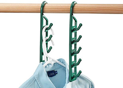 Space Saving Closet Hanger Holders - Set of 4 Durable Green Plastic | Organizers with 5 Vertical Hooks Each - Maximize Wardrobe Space for Clothes, Belts, Scarves & Accessories by Miles Kimball