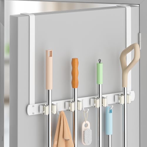 Broom Holder Over The Door with Hooks -304 Stainle... (White | Stainless Steel)