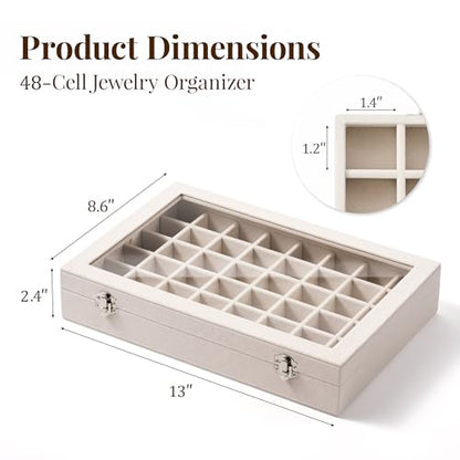 48 Grid Earring Organizer and Storage: Velvet Jewelry Tray with Lid, Jewelry Box for Studs, Earrings, Rings, Necklaces, Dresser & Vanity, Earrings Case for Girls, Women, 13"x8.6"x2.4", Beige