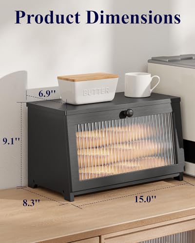 Kitsure Wooden Bread Box for Kitchen Countertop, 1-Tier, Black