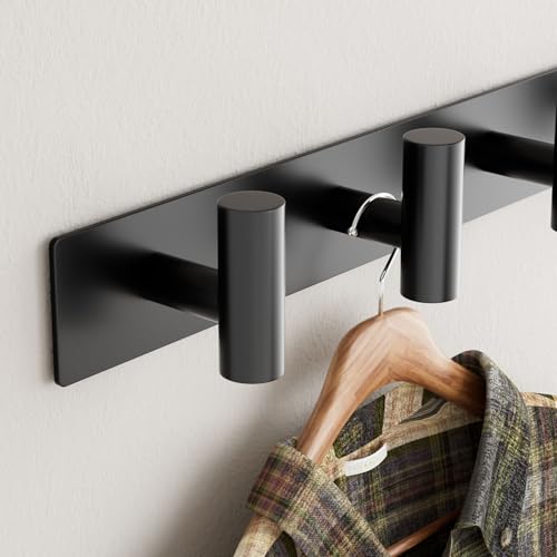 Black Wall Mounted Coat Rack – 5 T-Shaped Hooks on 16.5" Rail, (1 Pack) | for Hanging Hats, Bags & Towels, Heavy-Duty Metal Hooks for Entryway, Bathroom, Closet, Bedroom