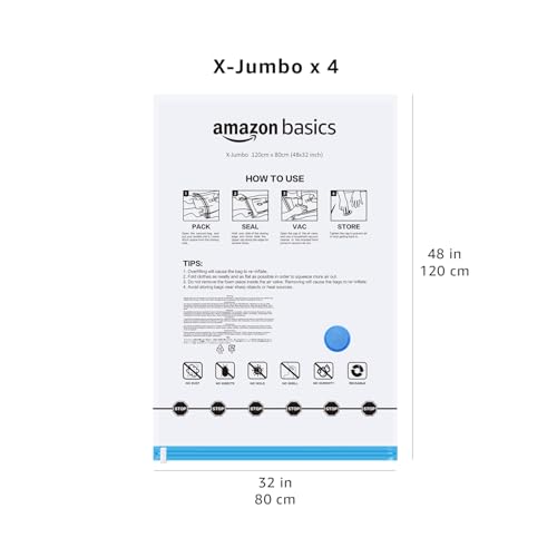 Amazon Basics Vacuum Storage Bags for Blankets, Vacuum Compression Space Saving Storage Bags with Hand Pump for Clothes Packing, X-Jumbo, 4-Pack