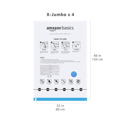Amazon Basics Vacuum Storage Bags for Blankets, Vacuum Compression Space Saving Storage Bags with Hand Pump for Clothes Packing, X-Jumbo, 4-Pack