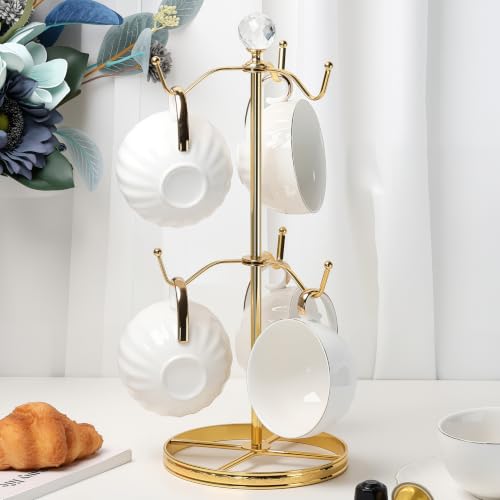 Mug Tree Coffee Cup Holder for Counter Top 6 Hooks(Gold) | Double Tier Metal Mug Tree for Counter with Crystal Ball for Small-Space,Mug Stand Tree Countertop with Patterned Base Rim