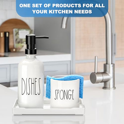 Dish Soap Dispenser for Kitchen, Ceramic Dish Soap Dispenser with Sponge Holder, White Dispenser Set with Tray, 3 in 1 Countertop Sink Organizer, Farmhouse Modern Kitchen Decor