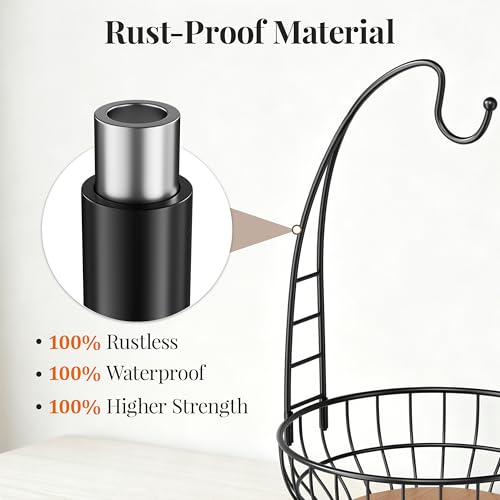Large Capacity Fruit Basket for Kitchen Counter with Banana Hanger and Wooden Base, Large Countertop Fruit and Vegetable Storage Holder