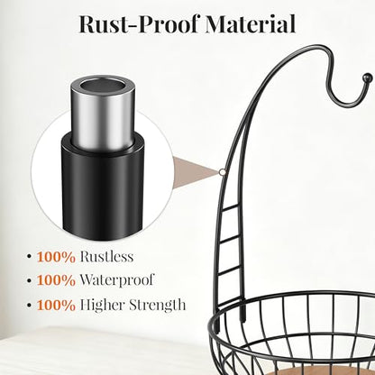 Large Capacity Fruit Basket for Kitchen Counter with Banana Hanger and Wooden Base, Large Countertop Fruit and Vegetable Storage Holder