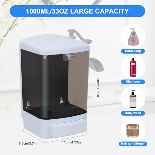 Soap Dispenser Wall Mount, 33.8oz/1000ml Commercial Manual Soap Dispenser Wall Mounted for Bathroom Kitchen Hotel, Liquid Containers Shampoo Plastic | Shower Room Dispenser Soap Pump, Visual Window, Easy Soap Replacement