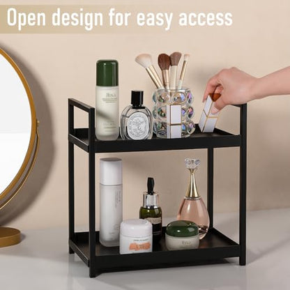 Bathroom Counter Organizer Vanity Storage Countertop Shelf, Small Black | 2 Tier Makeup Organizer Perfume Tray Skincare Holder for Sink, Dresser, Kitchen