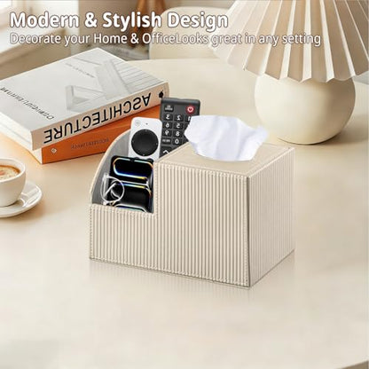 PUSU Square Tissue Box Cover with Storage and TV Remote Control Holder | Multi-Functional Cube facial Tissue Box Organizer for Bathroom,Vanity,Side table,Nightstand,End Table,Side table,Home Decor