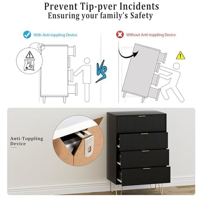 4 Drawer Dresser, Drawer Chest, Tall Storage Chest Cabinet Organizer Unit with Metal Legs, Small Dresser for Bedroom, Living Room, Closet, Hallway Black Stripe