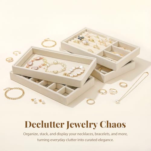 Elsjoy 8 Pack Velvet Jewelry Trays, Stackable Jewelry Organizer Trays for Drawers, Beige Jewelry Storage and Display Tray Inserts for Necklaces, Rings, Earrings