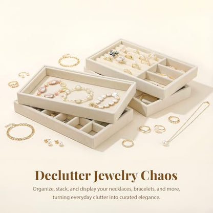 Elsjoy 8 Pack Velvet Jewelry Trays, Stackable Jewelry Organizer Trays for Drawers, Beige Jewelry Storage and Display Tray Inserts for Necklaces, Rings, Earrings