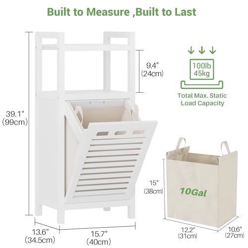 Tilt Out Laundry Hamper, 10 Gal Bamboo Laundry Storage Cabinet with Removable Basket, Hidden Hamper Organizer with Shelf for Dirty Clothes, Bathroom, Laundry Room, Space Saving, White