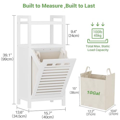 Tilt Out Laundry Hamper, 10 Gal Bamboo Laundry Storage Cabinet with Removable Basket, Hidden Hamper Organizer with Shelf for Dirty Clothes, Bathroom, Laundry Room, Space Saving, White