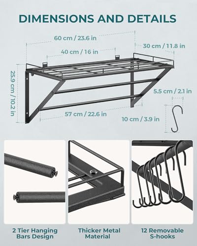 OROPY 23" Pot Rack Wall Mounted, Pot Organizer with 2 Tier Hanging Rails | Heavy Duty Pot and Pan Organizer with Storage Shelf & 12 S Hooks, Space Saving Hanging Pot Rack