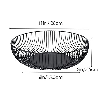 Fruit Bowl for Kitchen Counter, Black Wire Fruit Bowl, Metal Countertop Fruit Basket, 11 Inches Round Holder for Lemon, Banana, Candy, Snack in Office (Round C)