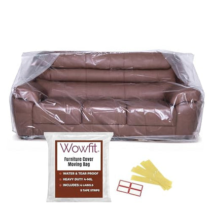 Wowfit 4mil Couch Cover for Moving, Clear Sofa Storage Bag, 92Wx42Dx62/41H | With Tape Strips & Labels, Heavy Duty, Tear-Resistant, Waterproof, Reusable, Oversized/3-Seat Sofa, Long-Term Garage Storage