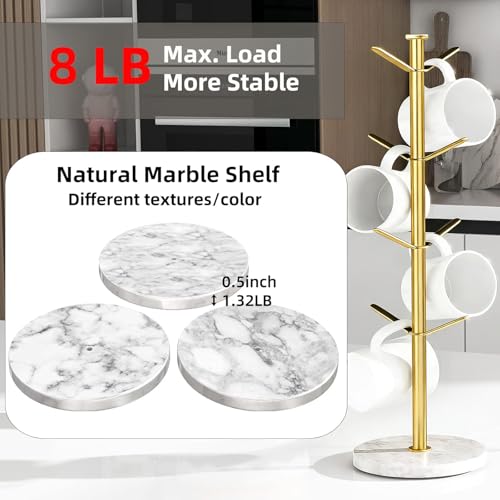 Gold Mug Holder Tree with Marble Base, 8 Hooks Standard Coffee Cups | Mug Holder Stand, Small Mug Rack for Kitchen Cafe Counter