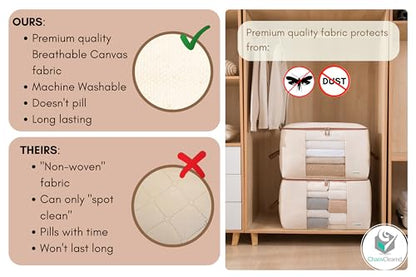 Canvas Storage Bags Designer Organizer for Comforters 2 Pack – Seasonal Storage for Pillows, Blankets, Linens & Garments – Foldable Design with Zip & Window, Moth-Proof Space Saver