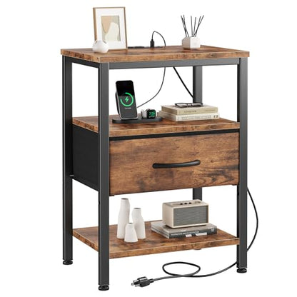 DUMOS Bedside Table with Charging Station and an Adjustable Fabric Drawer, and it is a Compact Nightstand, as Well as a 3-Tier Storage Organizer and an End Table for Bedroom, Brown