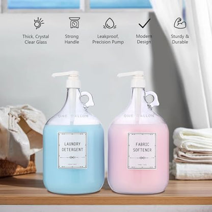 2pcs Glass Liquid Laundry Detergent Dispenser-1 Gallon Glass Pump Bottle Dispensers-Laundry Detergent Dispenser for Fabric Softener, Bleach, Shampoo, Body Wash- Laundry Soap Dispenser