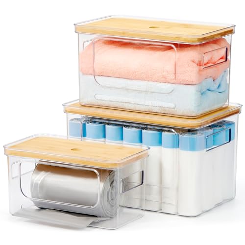 3-Pack Trash Bag Holder,Trash Bag Dispenser with Bamboo Lid, Stackable Acrylic Garbage Bag Dispenser for Under Sink Use in Kitchen, Laundry Room, and Pantry, Large Capacity Garbage Bag Holder
