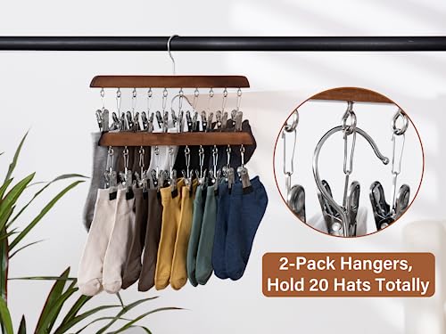StorageWorks Hat Organizer 2 Pack, Walnut Cap Hanger Rack with 10 Clips