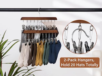 StorageWorks Hat Organizer 2 Pack, Walnut Cap Hanger Rack with 10 Clips