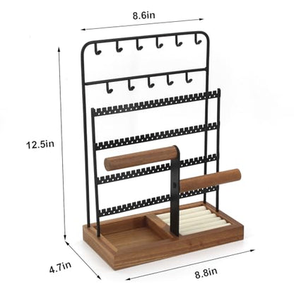 Jewelry Holder Organizer Stand 4-Tier Necklace Stand Earring Holder with Wooden Tray, Jewelry Rack for Bracelets Watches and Rings Display Stand, Gifts for Women & Girls-Black