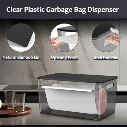 COAZEX 2 Pack Stackable Plastic Trash Bag Holder with Black Lids Under Sink | Black Container, Stackable Design,Side Handles, Safety Locks,Garbage Bag Roll Holder, Kitchen Cabinet, Laundry Organization