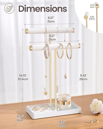 Lolalet 2-Tier Necklace Holder Display, Jewelry Stand with Ring Tray -White | Velvet Wrapped Jewelry Organizer, Tall Bracelet Stand for Bangles Watches Earrings, Gifts for Mom Girls Women Mother's Day