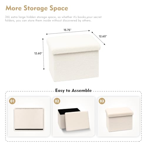 B FSOBEIIALEO Storage Ottoman Cube Small Sherpa Ottoman Foot Rest, Foldable Portable Boucle Ottomans, Faux Teddy Fur, Cream White 16.5"x12.6"x12.6"