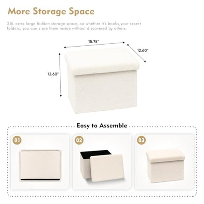 B FSOBEIIALEO Storage Ottoman Cube Small Sherpa Ottoman Foot Rest, Foldable Portable Boucle Ottomans, Faux Teddy Fur, Cream White 16.5"x12.6"x12.6"