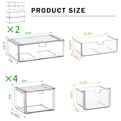 6-Pack Acrylic Stackable Storage Drawers for Vanity, Desk, Bath | 2 large & wide 13" drawers, Smooth-glide, stackable, clear body, dustproof, wipe clean, for makeup, pantry jars, under sink