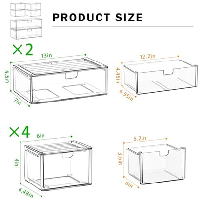 6-Pack Acrylic Stackable Storage Drawers for Vanity, Desk, Bath | 2 large & wide 13" drawers, Smooth-glide, stackable, clear body, dustproof, wipe clean, for makeup, pantry jars, under sink