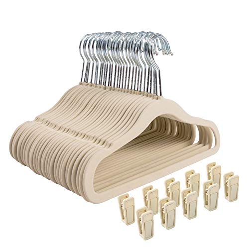 Finnhomy Non-Slip Clothes Hanger for Baby and Kids 30-Pack Velvet Hangers with 10 Finger Clips,Beige