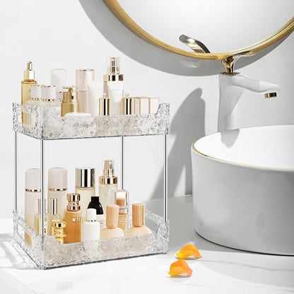 2-Tier Bathroom Counter Organizer Countertop Storage, Dresser Organizer Vanity Tray for Makeup, Perfume Organizer Cosmetics Skincare Shelf - Clear