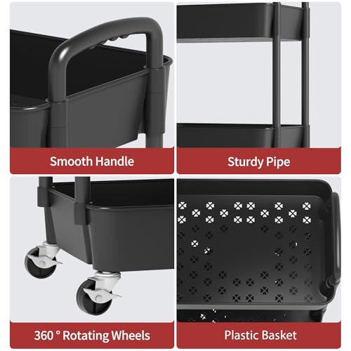 Sywhitta 4-Tier Plastic Rolling Utility Cart with Wheels for Storage, Black | Multi-Functional Storage Trolley, for Office, Living Room, Kitchen, Bathroom,Movable Organizer,Space-Saving,Easy to assemble