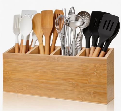 Wingsife Utensils Holder with 4 Compartments, Bamb... (Classic | Bamboo)
