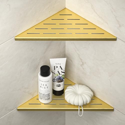 Corner Shower Shelf 10", Gold | 304 Stainless Steel Bathroom Shelf for Tiled Wall, Grout in Shelves, 2 Pack
