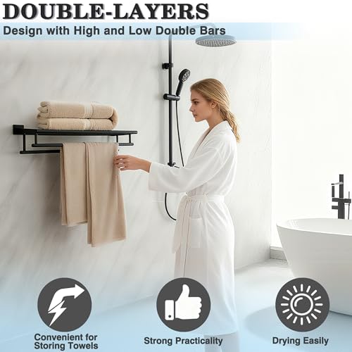 Alise Double Towel Rack for Bathroom Wall Mounted 24 Inch,Matte Black | Bathroom Tower Holder Towel Shelf with Double Towel Bars,SUS304 Stainless Steel Towel Rack with Shelf for Lavatory Kitchen