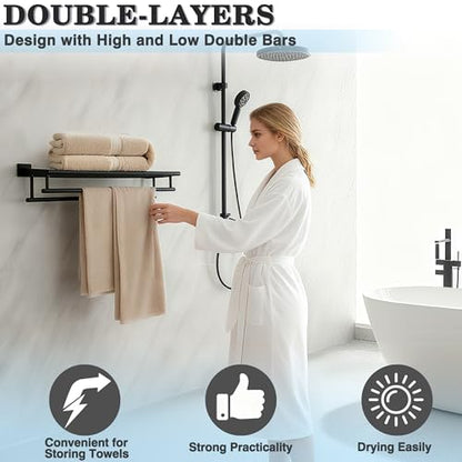 Alise Double Towel Rack for Bathroom Wall Mounted 24 Inch,Matte Black | Bathroom Tower Holder Towel Shelf with Double Towel Bars,SUS304 Stainless Steel Towel Rack with Shelf for Lavatory Kitchen