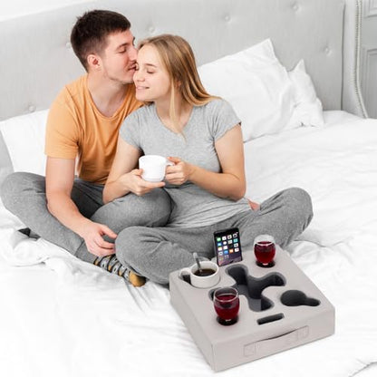 Couch Cup Holder Pillow, PU Grey | Sofa Cup Holder for Bed, RV, TV, Car, Man Cave, Backseat, Remote, Drinks, Snacks Tray Organizer, Caddy Cupholder