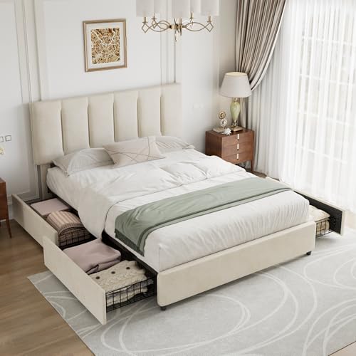 VECELO Queen Size Bed Frame with 4 Storage Drawers, Adjustable Height Headboard, Heavy-Duty Platform Bedframe with Strong Wooden Slats, No Box Spring Needed, Pale Beige