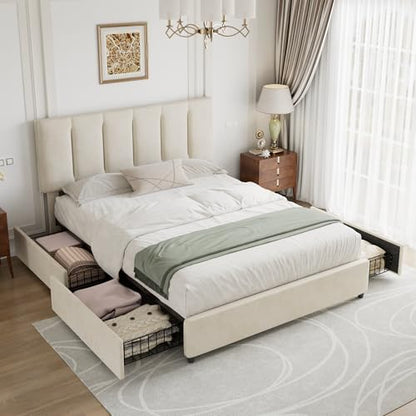 VECELO Queen Size Bed Frame with 4 Storage Drawers, Adjustable Height Headboard, Heavy-Duty Platform Bedframe with Strong Wooden Slats, No Box Spring Needed, Pale Beige