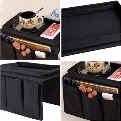 Sofa Armrest Organizer with Cup Holder No-Slip Couch Sofa Armrest Organiser Couch Remote Caddy Control Holder with 1 Large Pockets and 3 Small Pockets for TV Remotes Cellphone Magazines Drinks (Black)