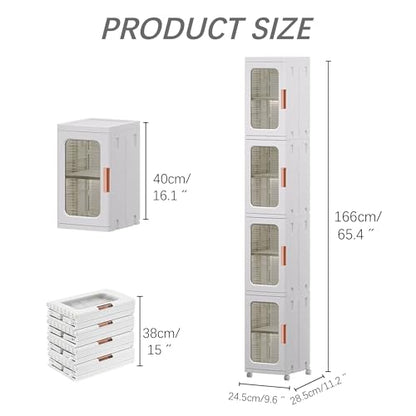Tall Narrow Storage Cabinet with Movable Wheels, Adjustable Shelves & Magnetic Doors – Foldable Slim Plastic Organizer for Bathroom, Kitchen, Laundry, Ideal for Small Spaces(4-Tier,White)