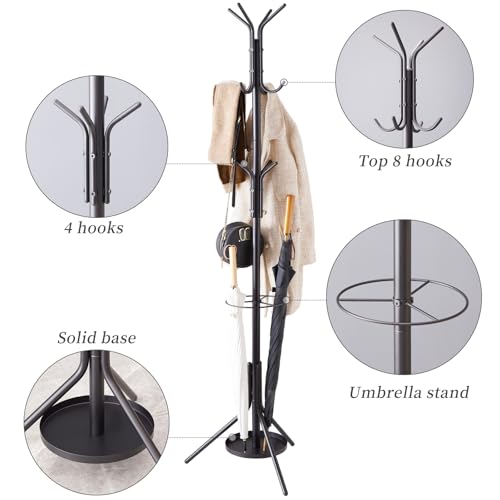 Coat Rack Freestanding,Metal Coat Tree with Umbrella Holder,Hat and Coat Rack Stand for Entryway, Hallway, Living Room, Bedroom (Black)